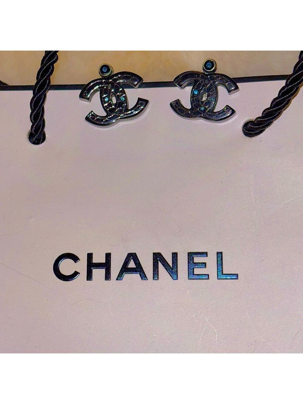 CHANEL Blue Crystal Logo Earrings - Authentic- with Box/Bag - Picture 2 of 13